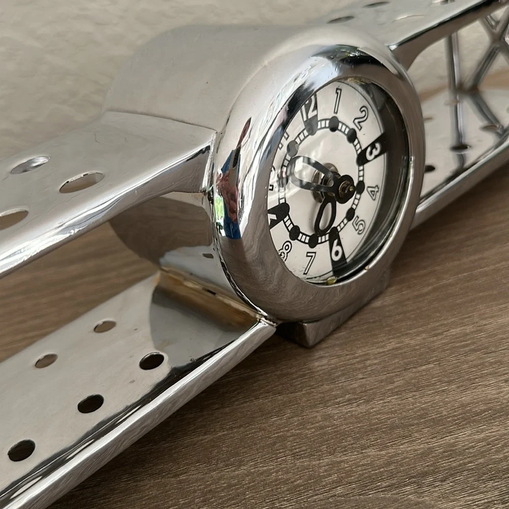 Silver Table Top Airplane Biplane Clock